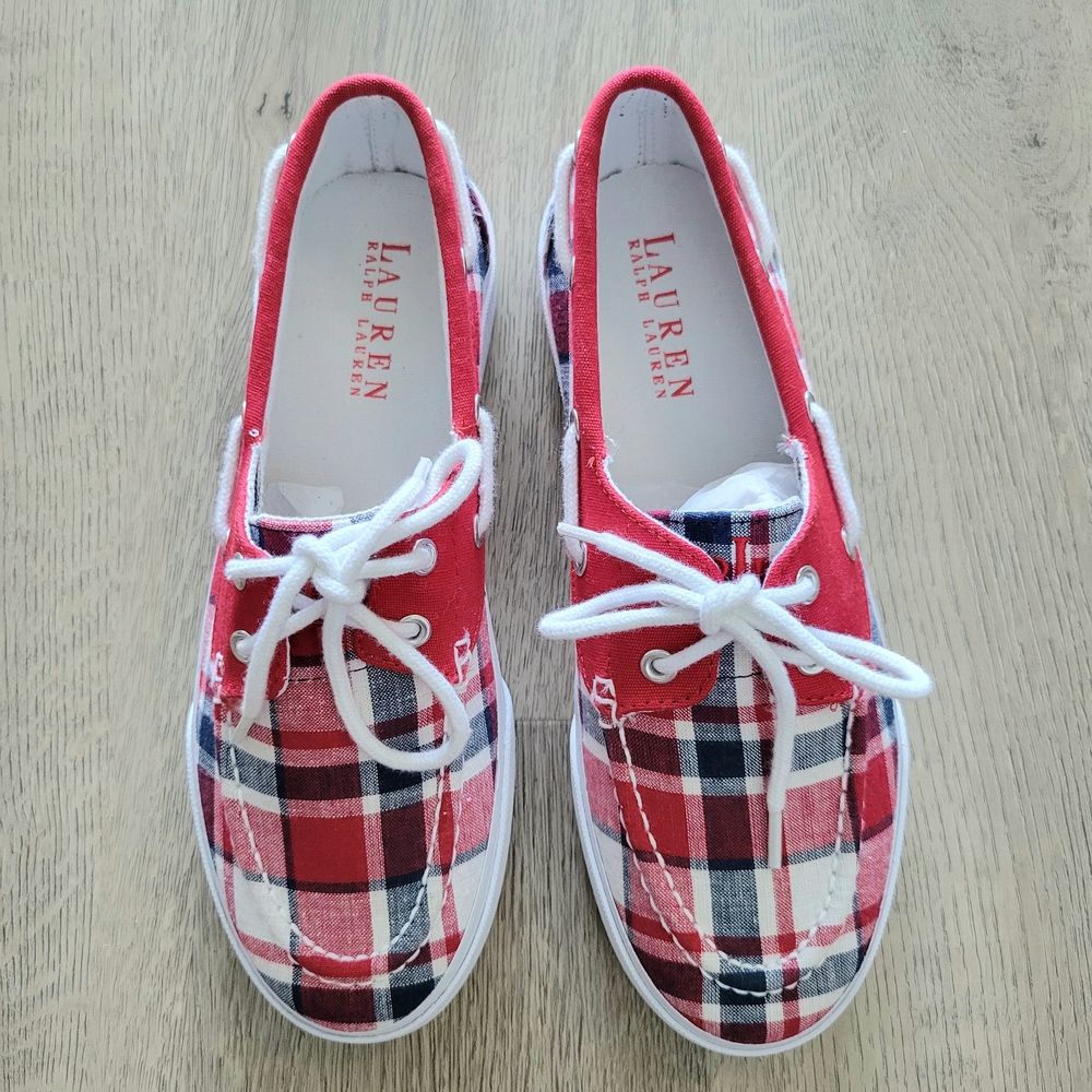 NWOT LAUREN RALPH LAUREN White Red Blue Breena Madras Plaid Boat Canvas Shoes 7B - Picture 2 of 7